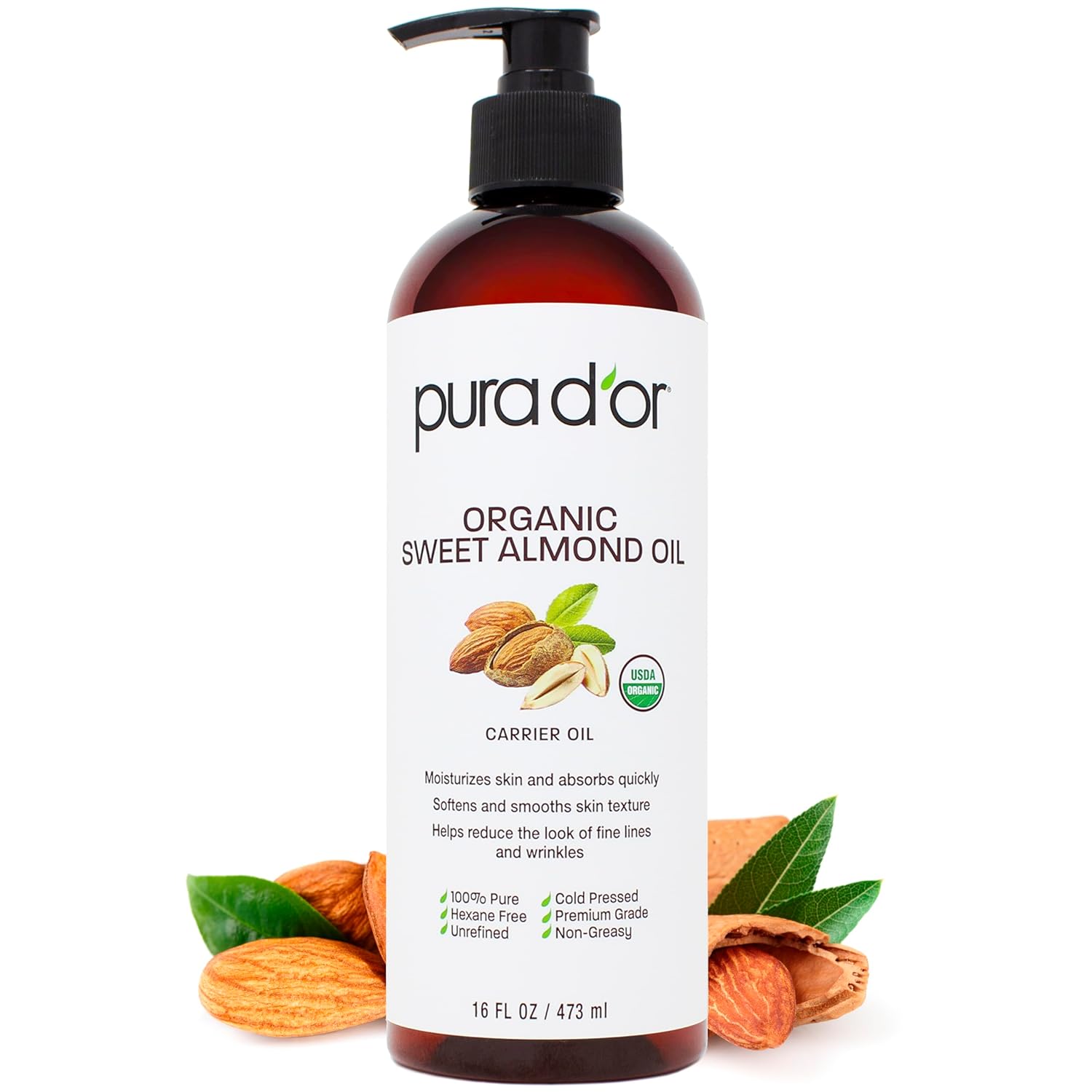 PURA D'OR Organic Sweet Almond Oil (16oz) USDA Certified 100% Pure & Natural Carrier Oil - Hexane Free - Skin & Face - Facial Polish, Full Body, Massages, DIY Base (Packaging may vary) - 24hrsmart